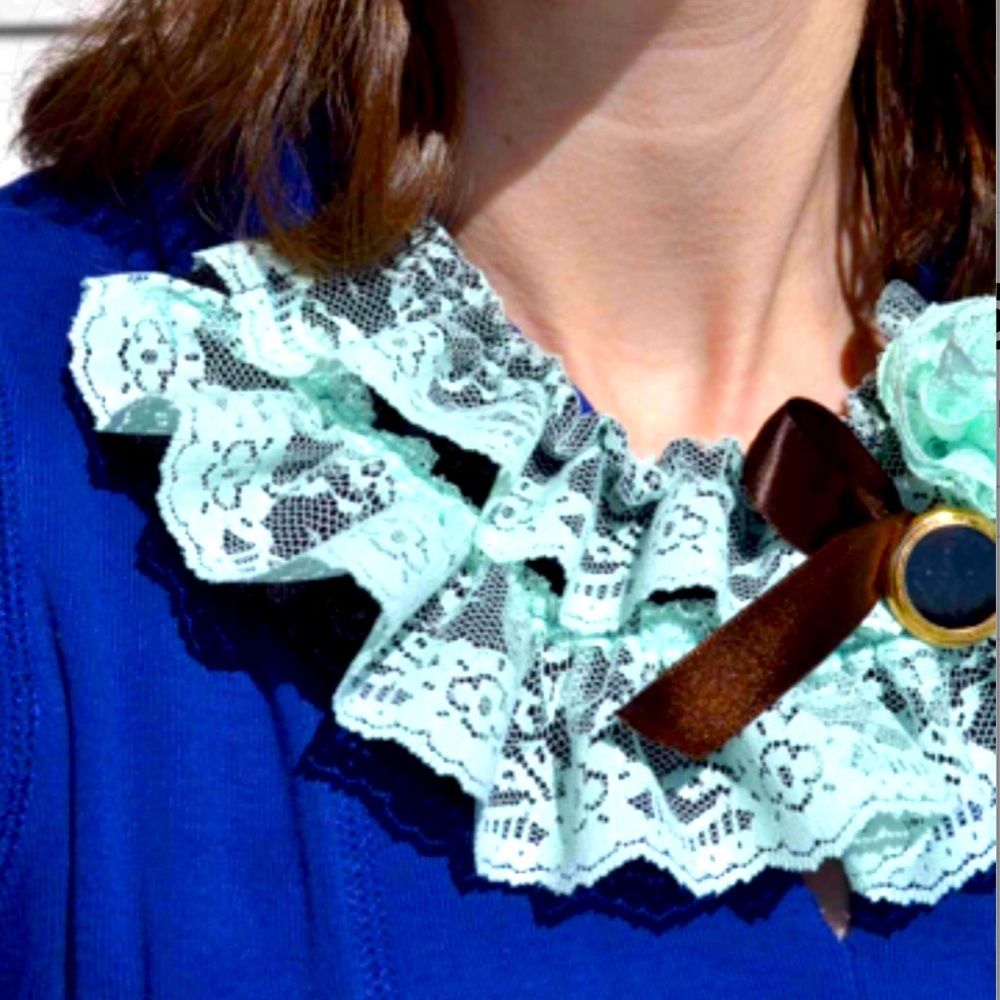 Mint green & chocolate brown bow handmade fabric lace bib necklace Victorian